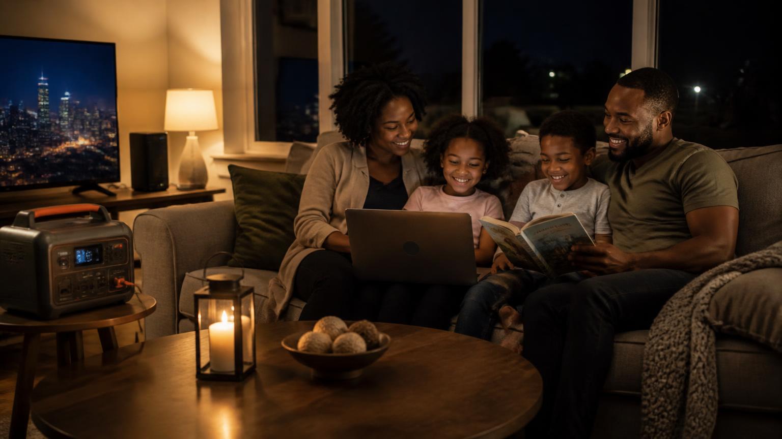Family together in a warmly lit living room during a blackout, powered by an ANZO Energy power station